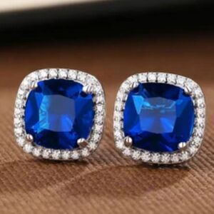 Blue Sapphire & White Baguette Diamond Stud Earrings on 925 Silver
